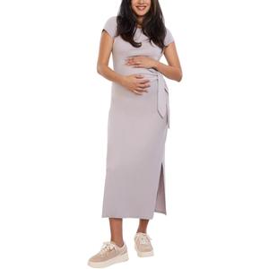 Motherhood Maternity Women's Short Sleeve Crew Neck Side Tie Detail Midi Casual Pregnancy Dress (Opal)