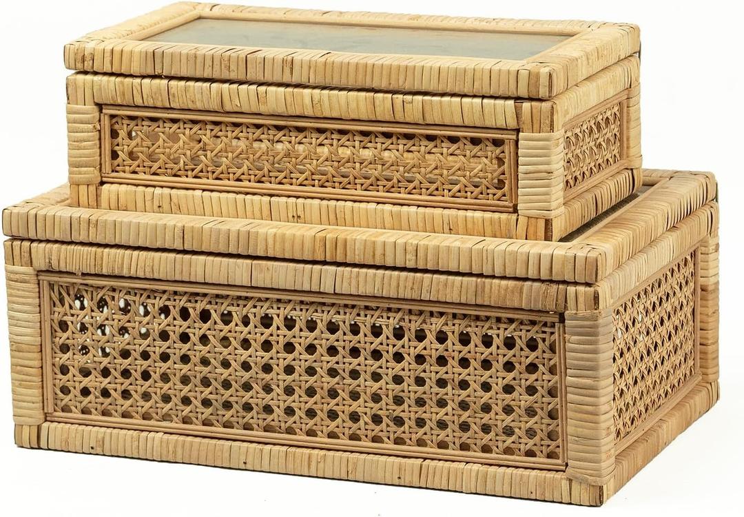 Rattan Display Box for Home Decor with Lid - Rectangular Coastal Bohemian Style Stackable Decorative Storage Box Set - Handmade from Natural Rattan, Cedar & Real Glass