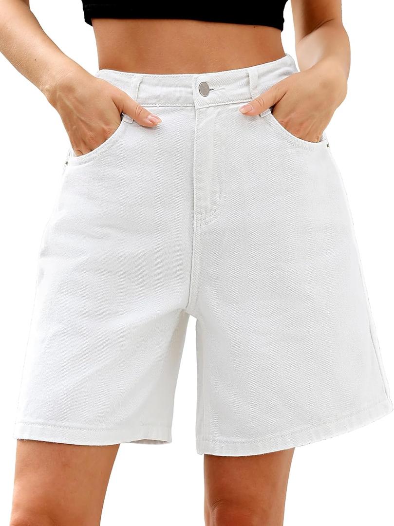 ELLEVEN Bermuda Jorts Baggy Jean Shorts - Casual Loose Fit Wide Leg Knee Length Denim Shorts with Elastic Waist (Large, White)