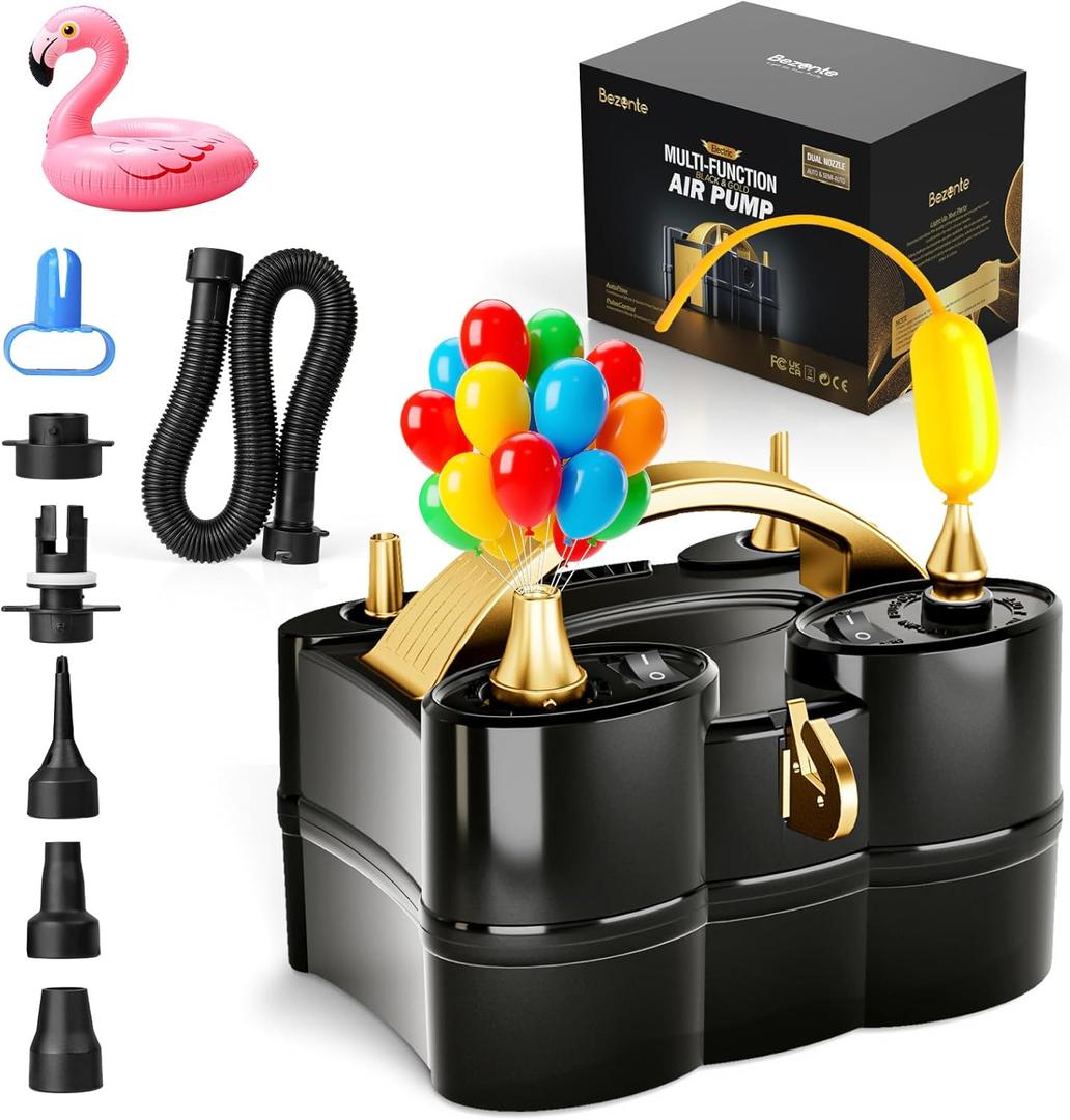 Bezente Balloon Pump Electric, 3-in-1 Portable Black Gold Electric Air Machine Balloon Pump Dual Nozzle Balloon Inflator for Inflatables and Latex 260q Foil Balloons