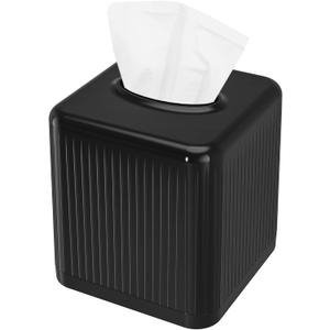 Livelab Square Plastic Tissue Box Holder with Base - Modern Cube Decorative Tissue Cover for Bathroom, Countertop, Living Room, Bedroom, Office - Black