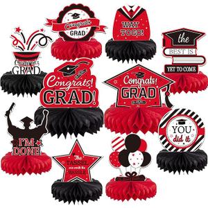 10PCS Graduation Decorations Class of 2025 Centerpieces, Congrats Grad Honeycomb Table Toppers for Graduation Party Favors, 2026 Graduation Party Decorations (10PCS, Red & Black)