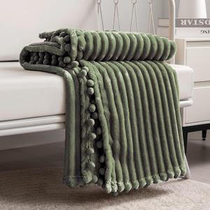 DISSA Fleece Blanket Twin Size  60x80, Olive Green  Soft, Plush, Fluffy, Fuzzy, Warm, Cozy  Perfect Throw for Couch, Bed, Sofa - with Pompom Fringe - Flannel Blanket Throw Blanket