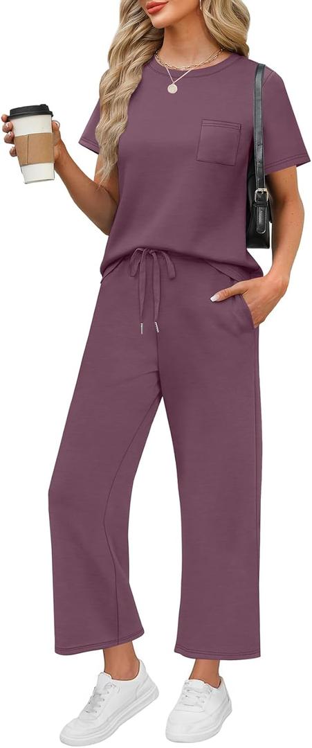 WIHOLL Beach Vacation Clothes for Women 2 Piece Travel Airport Outfits Fashion 2026 Comfy Summer Matching Sets Women Clothing Tropical Wide Leg Pants Lounge Sets Pjs Dark Purple L