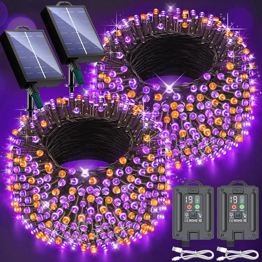 New Upgraded Orange and Purple Solar Halloween Lights, 19 Modes 2 Pack Total 144FT 400 LED Solar String Lights Outdoor Waterproof Solar & USB Rechargeable for Halloween Decorations, Orange & Purple