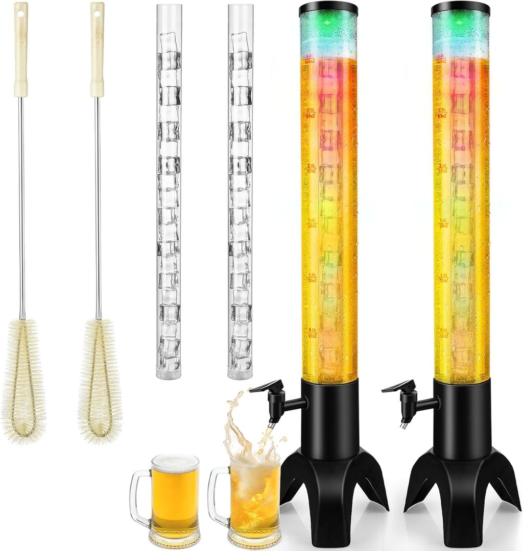 2pcs Mimosa Tower, 100oz/3L Drink Tower Dispenser with Ice Tube and LED Light, Tabletop Beer Dispenser (2pcs)