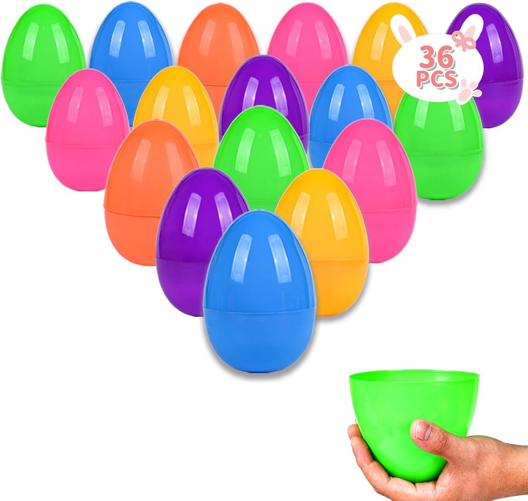 36PCS Large Plastic Easter Eggs, 3.5" Empty Plastic Easter Egg with Assorted Bright Colors for Easter Eggs Hunt, Easter Basket Stuffers, Filling Treats, Party Favor and Classroom Prize Suppy