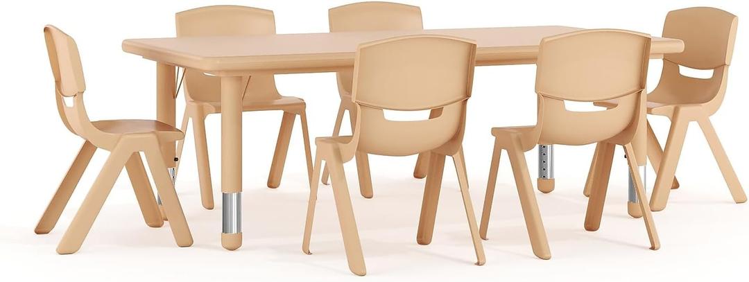 Flash Furniture Adjustable Classroom Activity Table with 6 Stackable Chairs, Rectangular Plastic Activity Table for Kids, 24" W x 48" L, Natural