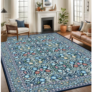 8x10 Area Rugs for Living Room, Washable Rug Floral Vintage Rugs for Bedroom Non Slip Low Pile Large Blue Boho Carpet Indoor Kitchen Dining Room Office Playroom Floor Mat