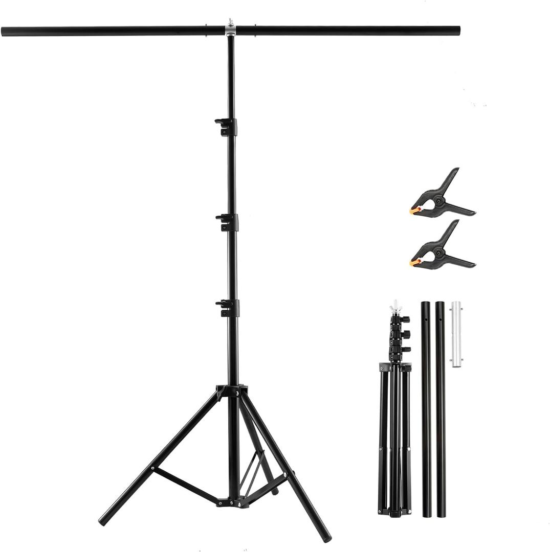 T Shape Backdrop Stand Kit 3.3 * 6.6 FT, Adjustable Background Support Stand Kit with 2 Spring Clamps for Parties, Wedding, Photography, Decoration, BEIYANG (Black)