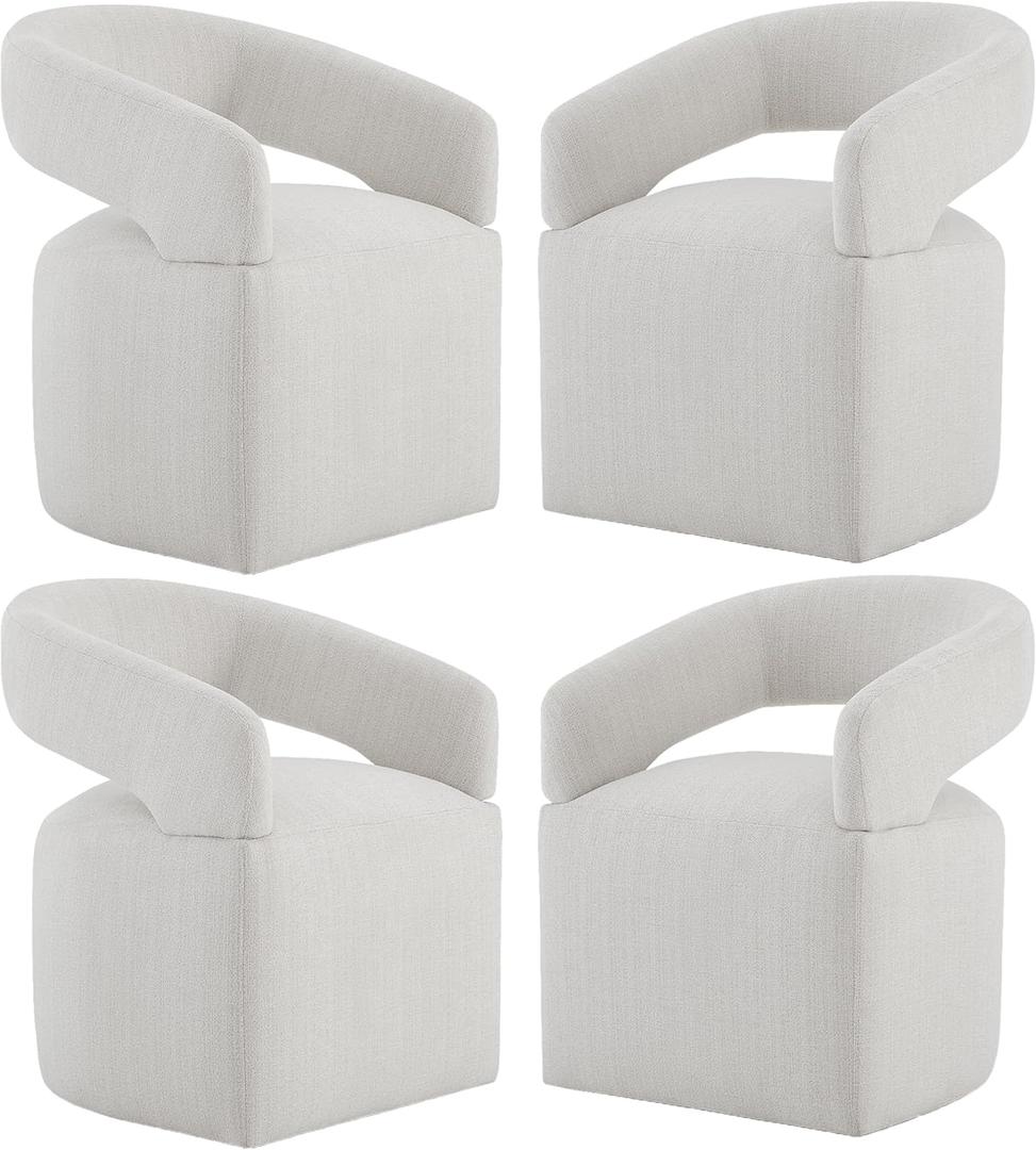 Upholstered Dining Chairs with Casters Modern Barrel Side Armchair with Rollers for Diningroom Bedroom Livingroom Reading Room, Linen, 4PCS