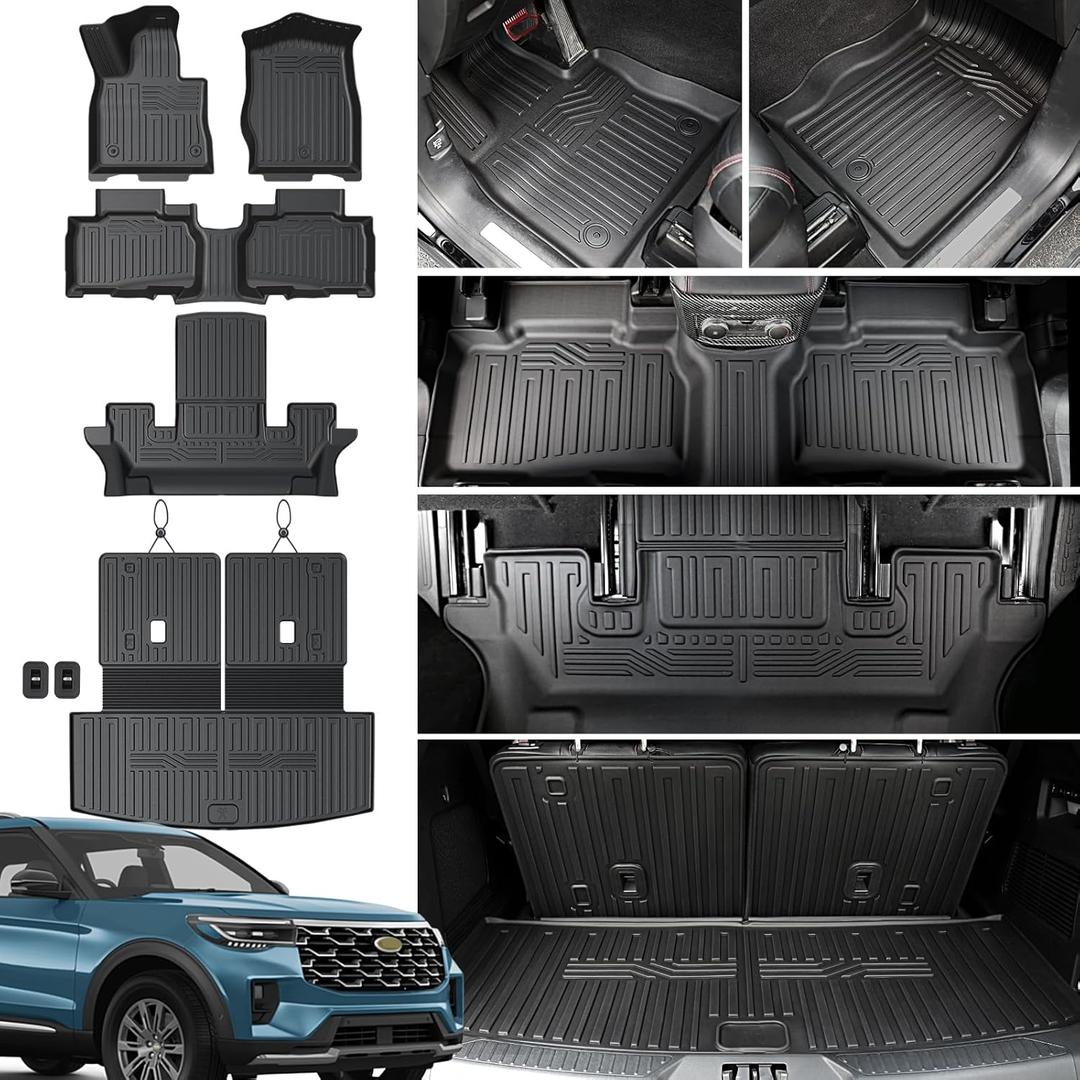 Floor Mats for 2020-2025 2026 Ford Explorer 6 Seats Captain Chairs Car Mat Accessories, All Weather TPE Cargo Mat Backrest Mats Active/ST Line/ST/Platinum(6 Seat Floor Mats+2-in-1 Cargo Mat)