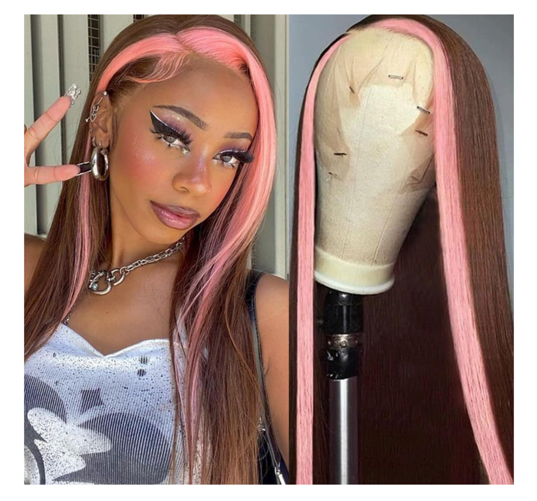 Pink & Brown Lace Front Wigs Pre Plucked Long Straight Wigs Glueless Pink Skunk Stripe Wig Wear and Go Wig Heat Resistant Fiber Hair Synthetic Lace Front Wigs for Black Women