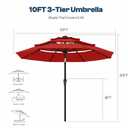 Patio Kingdom 10ft 3-Tier Patio Umbrella with 32 Solar Powered LED Lights, Windproof Outdoor Market Umbrella for Deck, Poolside & Garden, Sturdy Push-Button Tilt Table Umbrella, Red