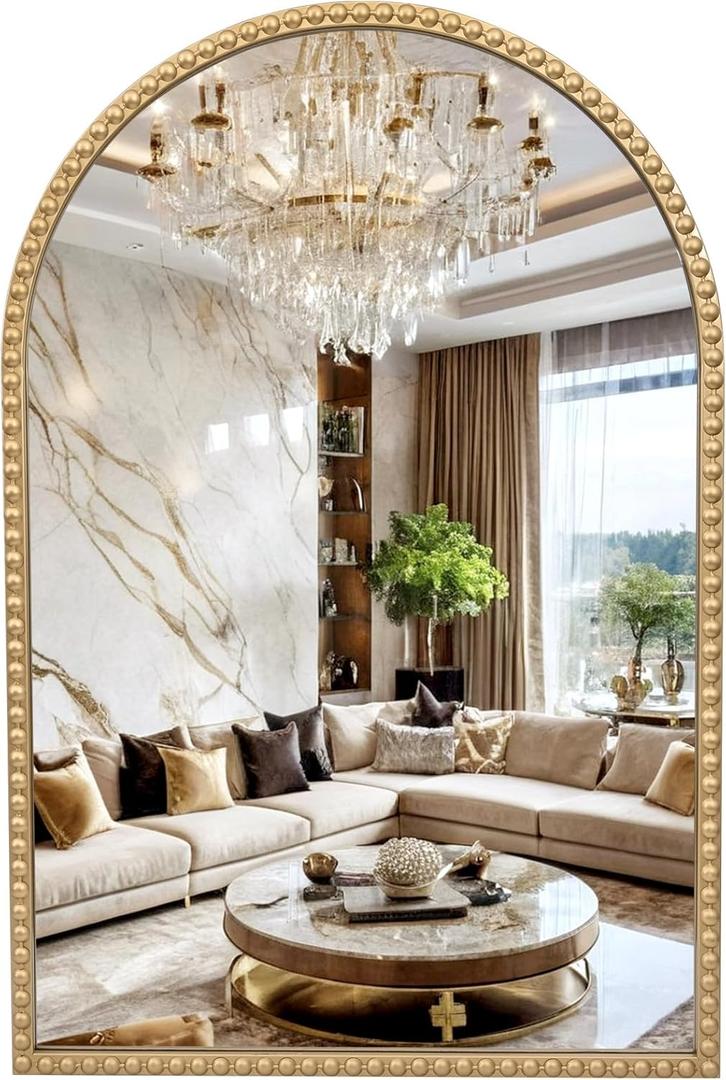 FUIN 24" x 36" Elegant Arch Wall Mirror with Antique Gold Beaded Frame - Timeless Vintage Classic for Bathroom, Vanity, Living Room, and Entryway