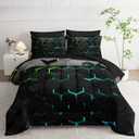 Geometric Green Black Neon Comforter Set 7 Piece in A Bag Light,Light Honeycomb 7PCS Bedding Set Queen for Teen Boys,Modern Bedding Quilt Set Geometry Decor Bed Sheet Set Microfiber Lightweight