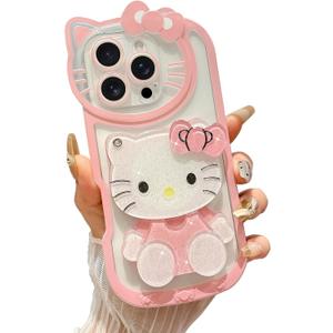 Cute Cartoon Case Designed for iPhone 16 Pro 6.3 inch, 3D Bow Funny Cartoon Cat Case with Makeup Mirror for Girls Women Soft Silicone Clear Shockproof Phone Cover for iPhone 16 Pro, Pink