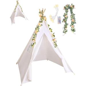 Kigley Teepee Tent for Kids Indoor Kids Teepee White Cotton Linen Play Tent with 6.6 Ft Pink Fake Rose Vine Artificial Garland 10 Ft Battery Operated String Lights for Girl and Boy Room Decor(2 Sets)