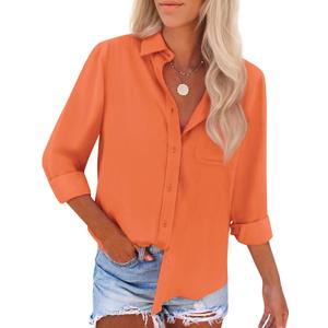 siliteelon Button Down Shirts for Women Dress Shirts Long Sleeve Wrinkle Free Work Office Fitted Blouse Tops with Pocket (XX-Large, Orange)