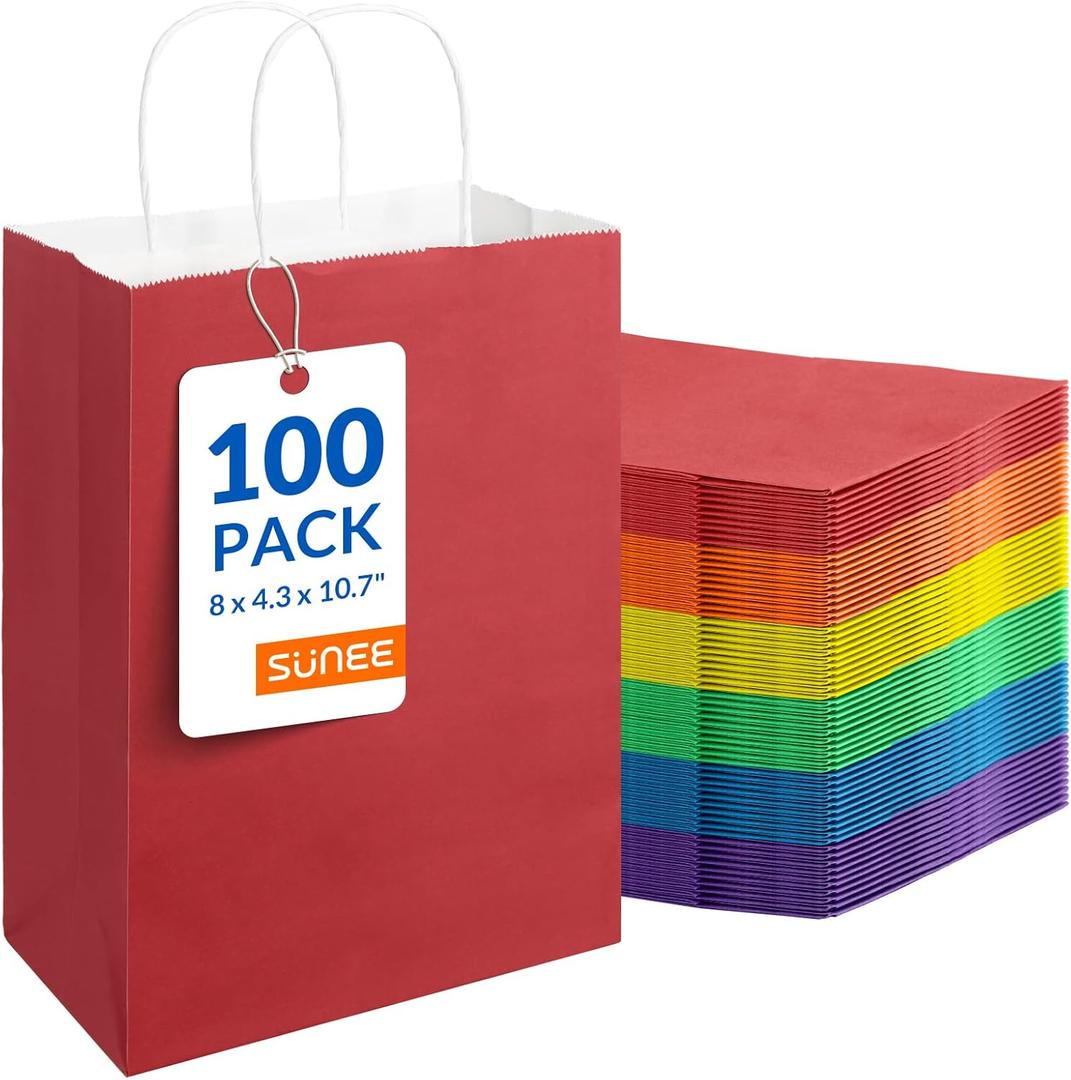 SUNEE Gift Bags with Handles 8x4.3x10.7, 100 Pcs Paper Gift Bags Medium Size Bulk, Bright Color for Wedding, Birthday, Party Supplies and Celebrations