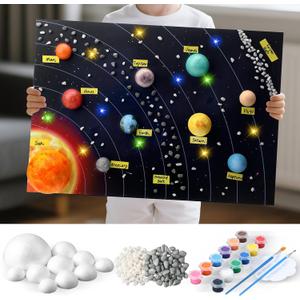 20 Solar System Model Project Kit with 10 Foam Ball LED Lights 12 Pigment 2 Brushes Solar System Background DIY Outer Space Planet Foam for Kid School Science Projects Arts Crafts(Rectangle)