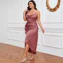 Women's Plus Size Satin Spaghetti Strap Cowl Neck Wrap Party Cami Dress Brown XL (XL)
