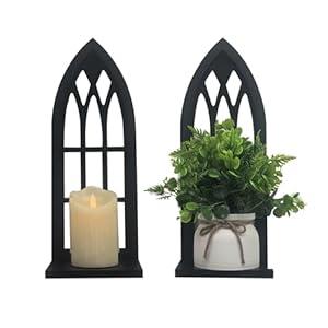 Birminwind Wall Candle Sconces for Pillar - Black Candle Holder for Wall Set of 2 - Gothic Wood Carved Shelf for Plant - Rustic Window Shape Decor for Bathroom Hallway Fireplace