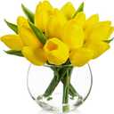 DILATATA Artificial Yellow Tulips in Vase with Faux Water 6" Real Touch Flowers Fake Tulips Small Flowers Arrangement in Round Glass Vase for Mother's Day Table Centerpiece Wedding Home Decor