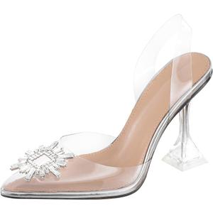 Clear Heels For Women,Crystal Rhinestones Slingback Wedding Shoes,Pointed Toe High Heel Womens Sandals, US 10