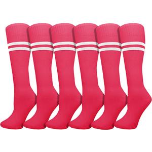 Winterlace Kids Soccer Socks 6-Pairs Boys Girls Knee High Youth Striped Athletic Sports Softball Baseball Pack (Pink)