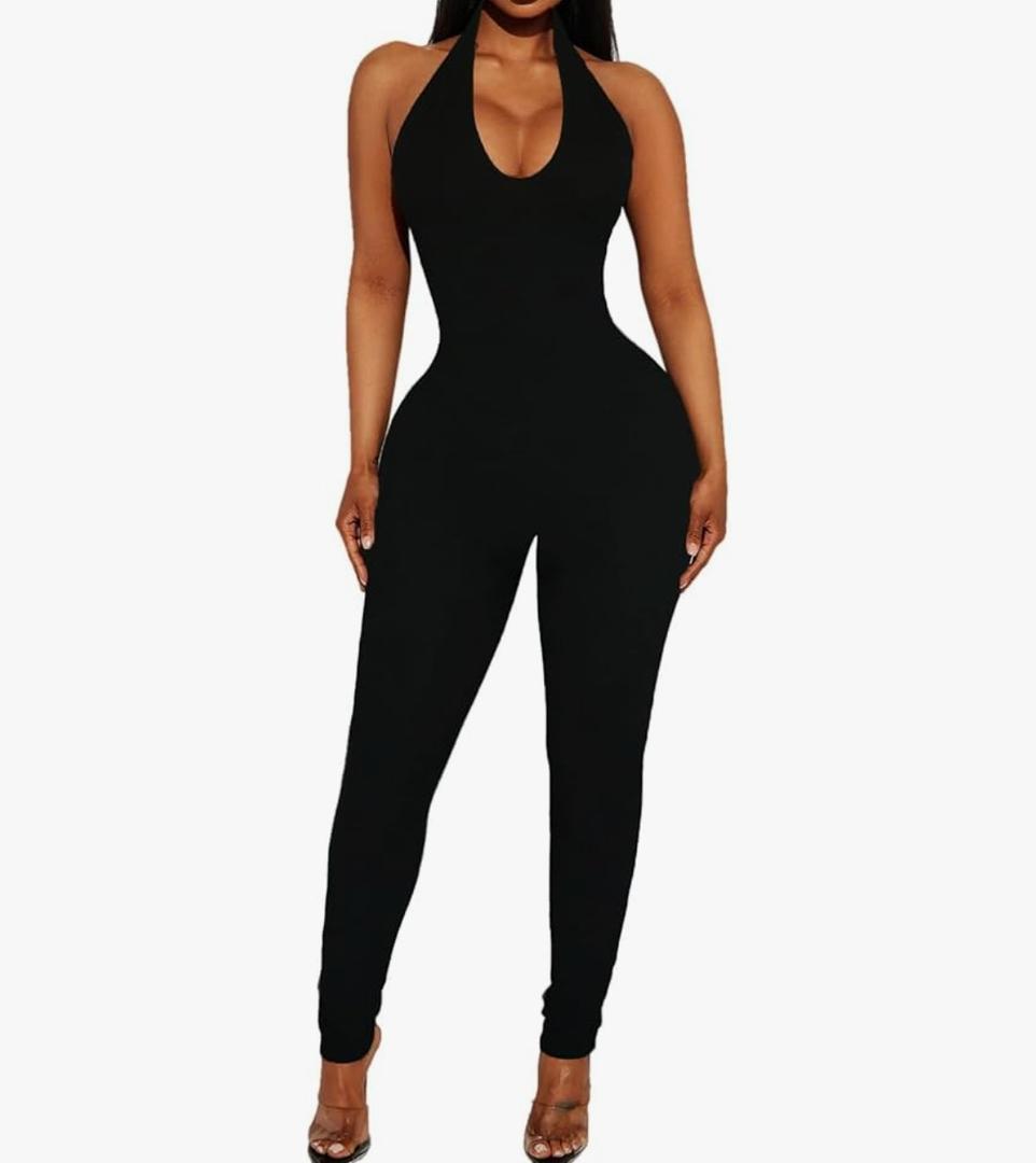 Women's Halter Bodycon Black Jumpsuits - One Piece Backless Leopard Summer Casual Workout Club Pants Rompers Outfits Catsuits, M