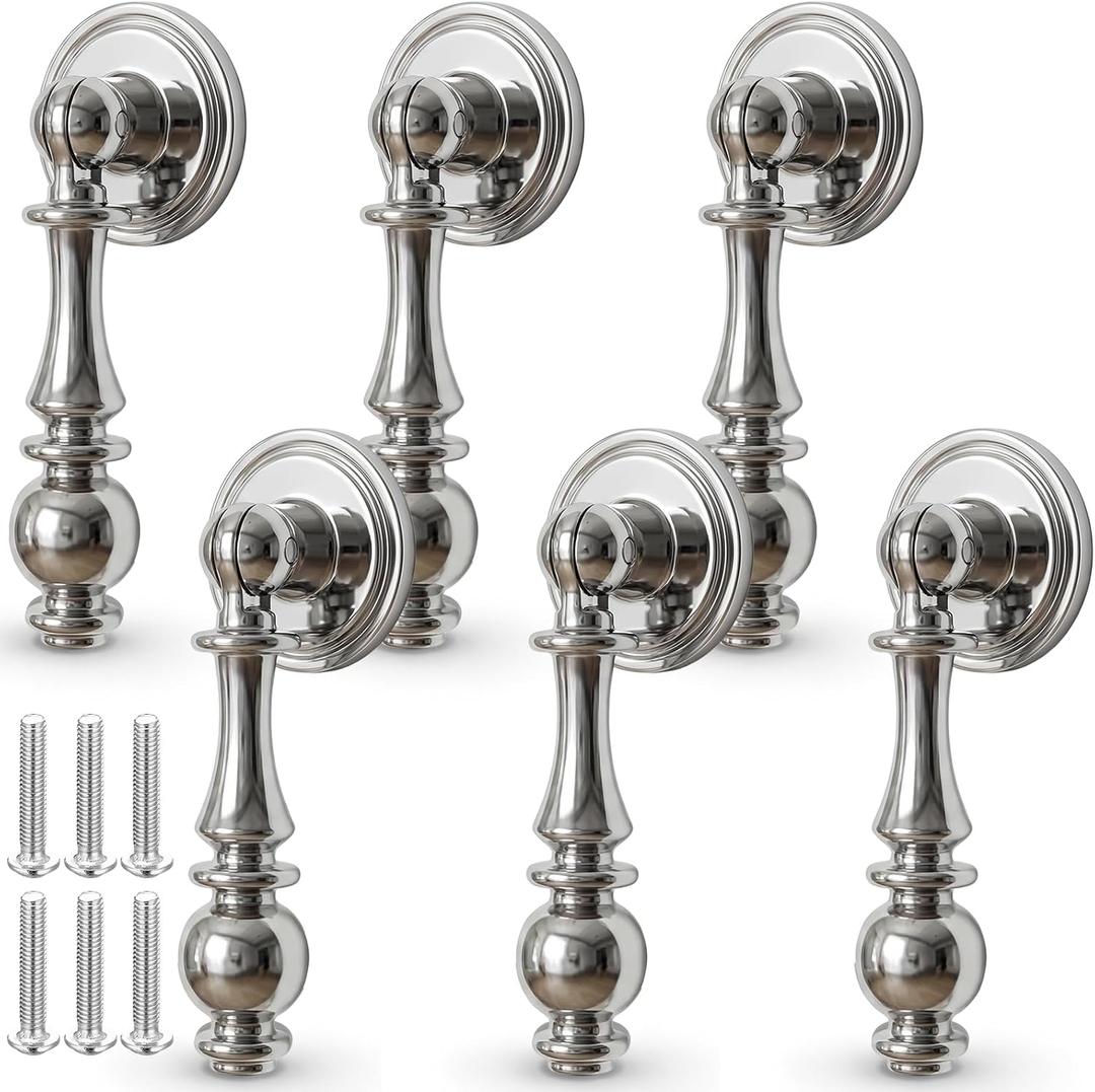 Roowest 6 Pack Polished Silver Drop Cabinet Pulls 2.5 Inch Silver Cabinet Knobs for Dresser and Drawers, Decorative Vintage Cupboard Pulls Durable Pendant Knobs for Kitchen Cabinets Wardrobe