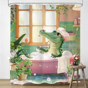 LIGHTINHOME Funny Alligator Shower Curtain for Kids 60Wx72H Inches Cute Animal Bathing in Bathtub Hilarious Gator Bathroom Decor Cloth Fabric Waterproof Polyester Bathroom Home Decor Set with Hooks