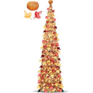 Timer & Pumpkin - 5 Ft Lighted Fall Tree Thanksgiving Fall Decorations for home, Pop Up Tinsel Maple Tree with 50 LED Orange Warm Lights Battery Operated Collapsible Thanksgiving Tree Porch Home Party