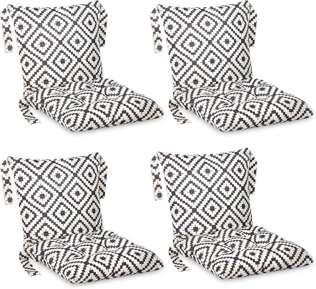Barydat 4 Pcs Outdoor Patio Chair Cushions with Back, 21.7 x 43.3 Inch Decorative Dining Back Cushions with Tie Buffalo Plaid Indoor Outdoor for Patio Furniture(Black and White,Grid)