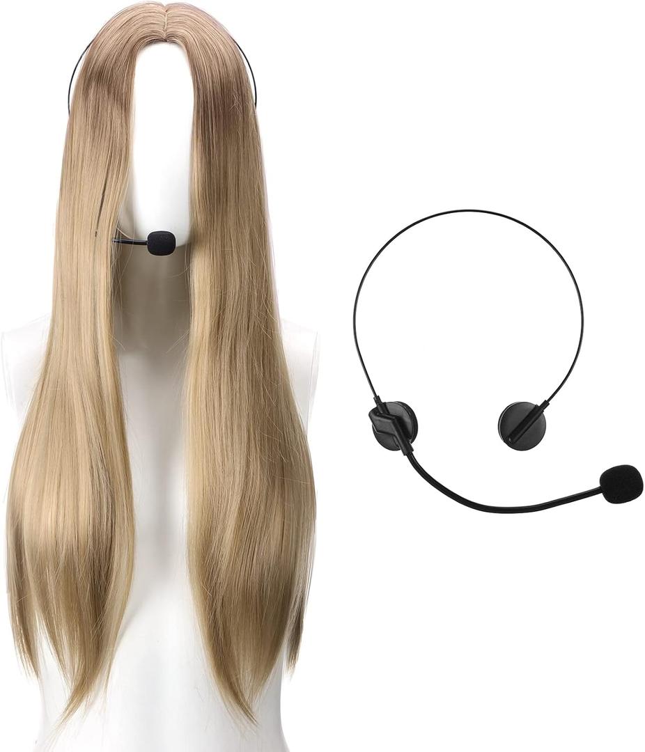 WILLBOND Halloween Rock Star Singer Costume Accessories, Include Fake Singer Microphone Toy Microphone Headset Costume with Long Blonde Wig Straight Synthetic Wig for Masquerade Cosplay Rock Concerts
