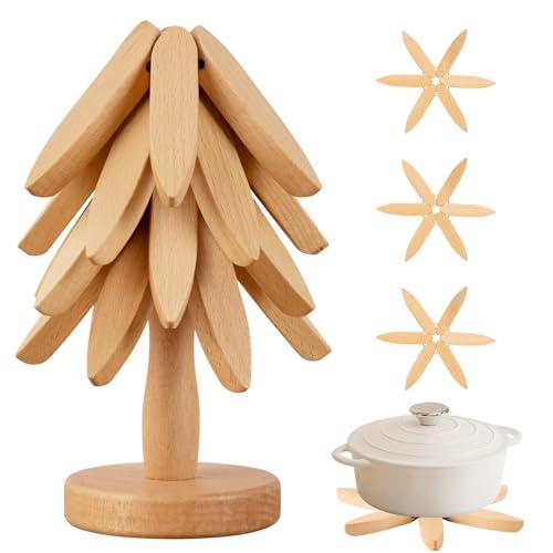 Vertdens Wooden Trivets for Hot Dishes, Hot Dish Coaster with Tree-Shaped Wood Collapsible Hot Pad Trivet Tree for Restaurant, 4 Wooden Trivet + 1 Stand（Beech Wood）