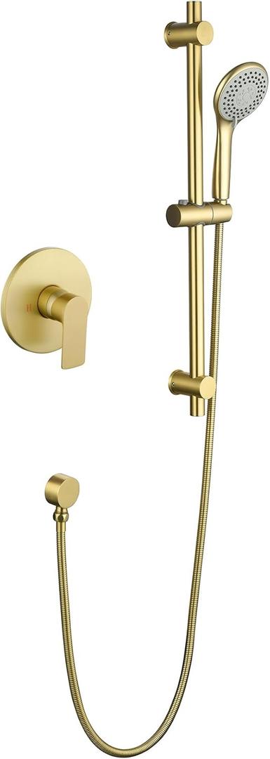 Taplong 26" Shower Slide Bar with 3-Spray Handheld Shower Head, Shower Faucets Sets Complete Wall Mount Shower Valve and Trim Kit with Long Hose and Height Adjustable Spray Holder, Brushed Gold