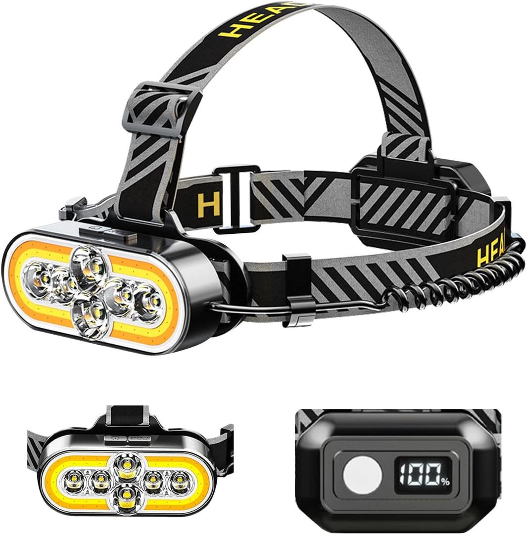 Super Bright Headlamp Rechargeable - 6 LED & 2 COB, 90 Rotating, Digital Power Display, 15 Modes with Red Light, Waterproof for Camping, Running, Mechanic, Emergency