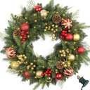 Christmas Wreath Pre-lit 24 inch with 50 Light & Red Gold Ball Pine Cone, Artificial Christmas Wreaths for Front Door with Lights, Wreath for Christmas Decoration Door Windows Wall Green