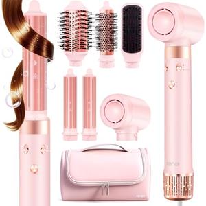 6 in 1 Professional Hot Air Styler • Powerful Hair Dryer Brush & Automatic Hair Curlers & Straightener • Styling Without Heat Damage • Fast Drying Curling Volumizing • Travel Bag Ideal Gift for Women
