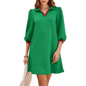 Wenrine Womens 3/4 Sleeve Mini Dress Casual V Neck Collared Textured Loose Fall A Line Argyle Dresses with Pockets (Green) Large