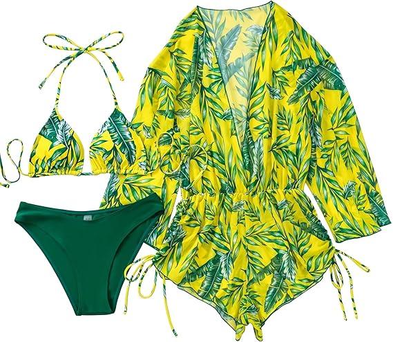 2 Piece Swimsuits for Women Sexy Leaf Print Bikini Set with Tummy Control Mesh Cover Up Tropical Swimsuits XL