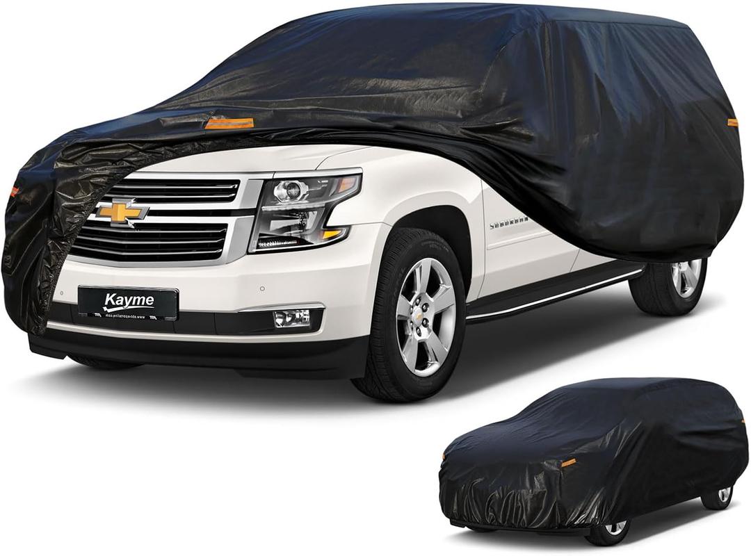 Kayme 7 Layers SUV Car Cover Waterproof All Weather, Outdoor Large SUV Cover Rain UV Protection, Universal Fit for Chevrolet Chevy Suburban, GMC Yukon XL, Lincoln Navigator LWB (215-230 inch) (PE-Black)