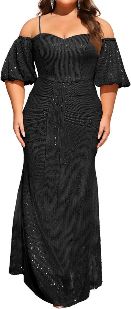 Women's Plus Size Off The Shoulder Puff Sleeve Dress Sequin Formal Maxi Evening Cocktail Party Gowns (Black, XXXL)