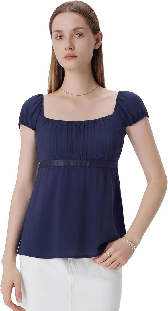 SUUKSESS Women Polka Dot Babydoll Tops Square Neck Summer Cute Peplum Shirts Cap Sleeve Going Out Tops (Large, Navy Blue)