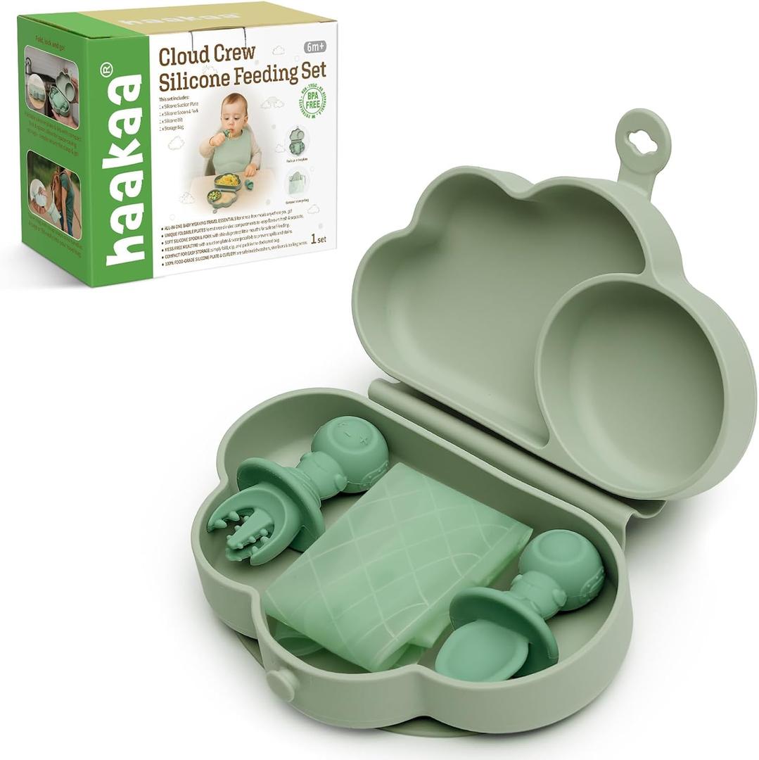 Haakaa Cloud Crew Silicone Travel Baby Feeding Set with Foldable Suction Baby Plates, Silicone Bibs, Baby Spoons and Forks, Waterproof Travel Bag, Baby Eating Essentials,6M+