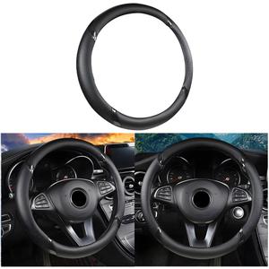 2 x BESULEN Leather Car Steering Wheel Cover, Carbon Fiber Anti-Slip Automotive Steer Wheel Protector, Soft Breathable Vehicle Interior Decor Accessories, 15Inch Universal for SUV, Truck, RVBlack