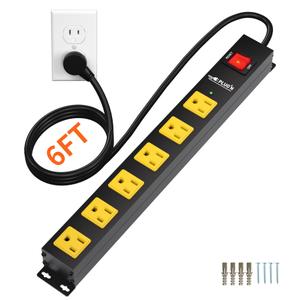 Power Strip 2700J Surge Protector, 6 Outlet Heavy Duty Power Strips with Flat Plug and 6FT Long Cord, Wall Mountable Metal Outlet Strip for Desk, Garage, Workbench and Kitchen