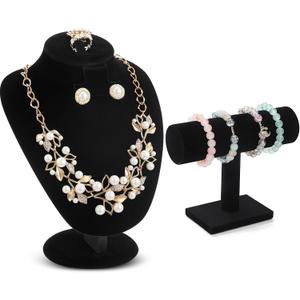 RattanView 2 Pcs Black Velvet Jewelry Display Set Necklace Mannequin Bust Stand T Bar Bracelet Holder for Retail Home Decor